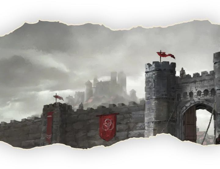 Fragmento da arte: as torres e o portão de Bravorte sob estandartes vermelhos, com o castelo ao fundo na névoa
