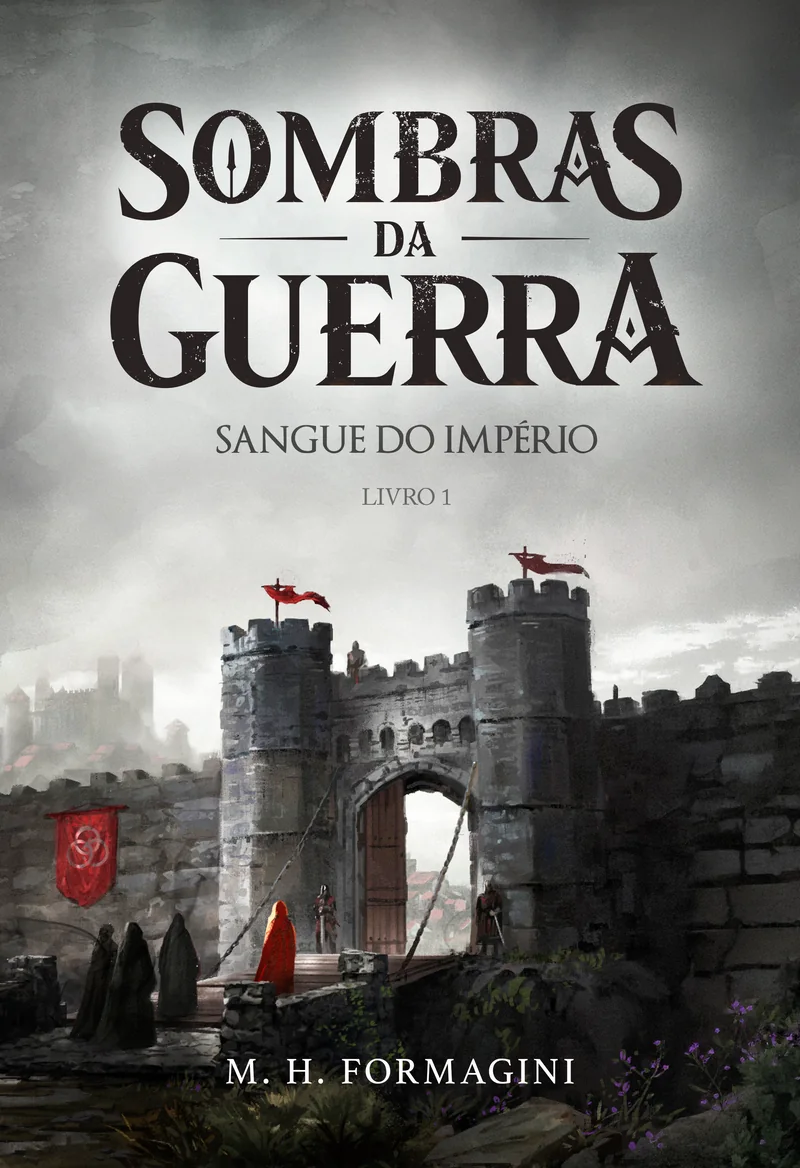 Capa da Edição Definitiva de Sombras da Guerra: um portão de pedra com estandartes escarlates sob um céu de cinzas